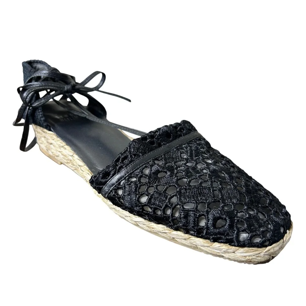 Stuart Weitzman Espadrille 8‎ Black Crochet Lace Wedge Ankle Lace Up Sandals